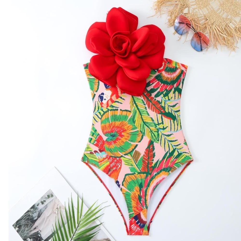 ODIZLI Red 3D Flower One Piece Swimsuit XL NWOT One Shoulder‎ Beach Vacation